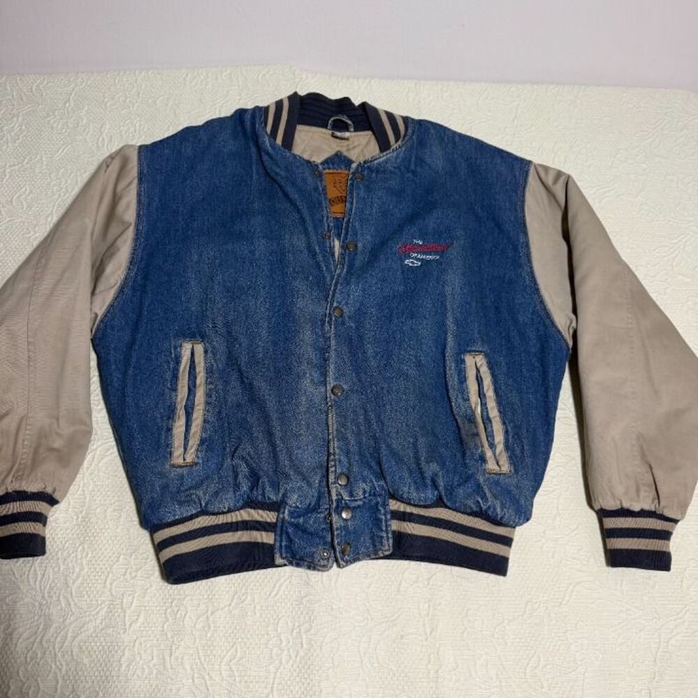 Vintage Dunbrooke Chevrolet Heartbeat of America Denim Varsity Jacket Size XL